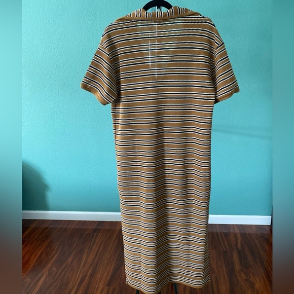 ZARA Collared Mustard Yellow '70s Style Retro Knit Striped Midi Knit Dress (W-3) - Picture 4 of 7